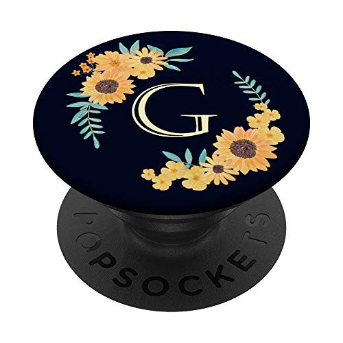 Monogram Initial Letter G - Yellow Sunflowers on Navy Blue PopSockets PopGrip Swappable Grip for Phones and Tablets