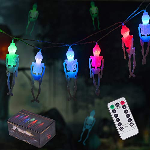 2 Pack Skeleton Skull Lights  Halloween Skull Lights Decorations  15-LED Battery Operated Halloween Party Lights for Indoor and Outdoor -Multicolor-