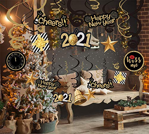 Happy New Year Hanging Swirl  Pack of 30  Sturdy - 2021 New Years Eve Swirls - New Years Eve Party Supplies 2021 - New Year Party Decoration - Hollyw