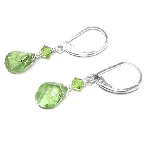 Peridot 9x6mm Briolette Lever Back Earrings Austrian Crystal Sterling Silver