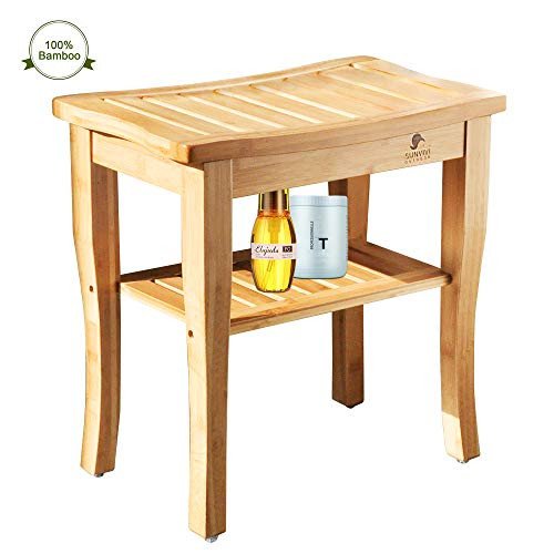 Ollypulse Bamboo Shower Bench, Spa Bath Seat Stool with 2-Tier Storage Shelf Wooden Shower Spa Chair Seat for Indoor Outdoor Ollypulse Bamboo Shower Bench, Spa Bath Seat Stool with 2-Tier Storage Shelf Wooden Shower Spa Chair Seat for Indoor Outdoor