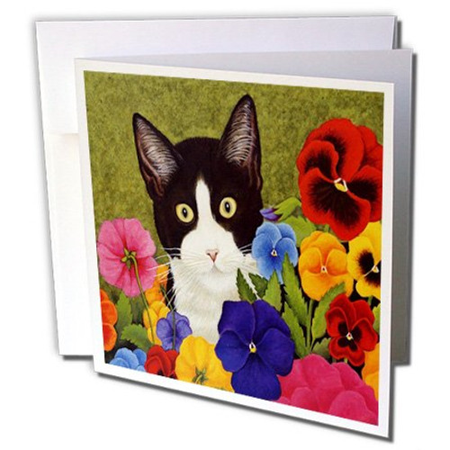 3dRose Photo Of Painting Of Tuxedo Cat Among Flowers - Greeting Cards  6 x 6 inches  set of 6 -gc-119367-1-