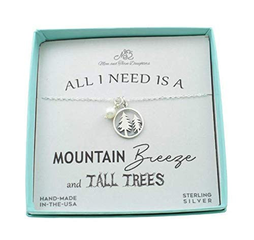Pine Tree and Mountain Range Pendant in Sterling Silver Accented by a Freshwater Pearl on an 18 Sterling Silver Cable Chain - 2 extender- Pine Tree and Mountain Range Pendant in Sterling Silver Accented by a Freshwater Pearl on an 18 Sterling Silver Cable Chain - 2 extender-