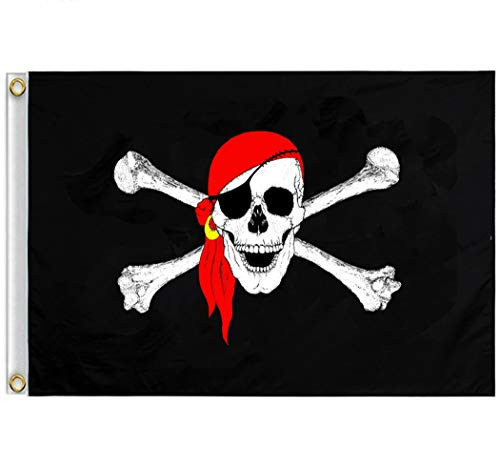 ERT Pirate Flag 3X5 Ft - Pirate Jolly Roger Flags Foot Outdoor Halloween Decorations Polyester with Brass Grommets -Jolly Roger with Red Bandana- ERT Pirate Flag 3X5 Ft - Pirate Jolly Roger Flags Foot Outdoor Halloween Decorations Polyester with Brass Grommets -Jolly Roger with Red Bandana-