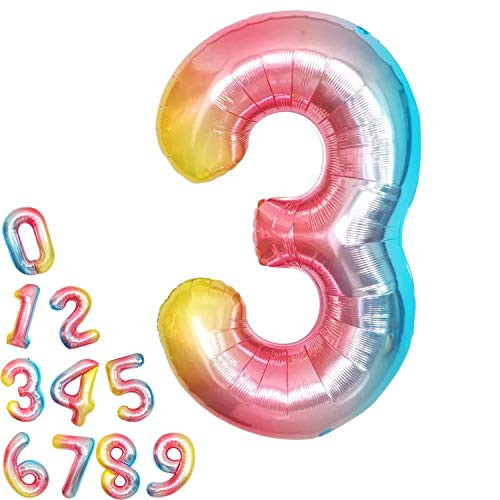 Rainbow Number 3 Balloon for 3rd Birthday - Large  40 Inch - Rainbow 3rd Birthday Balloons - Gradient Number Three Balloon for Girls Birthday Party De