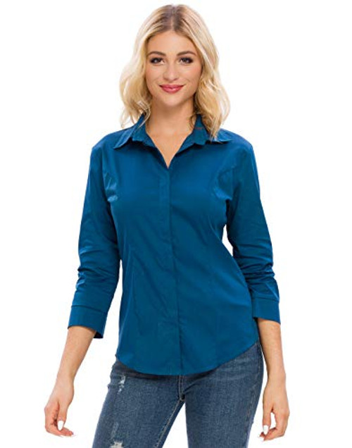 Riatobe Womens Button Down Shirts Basic Official Formal 3-4 Sleeve Blouse Tops Peacock Blue