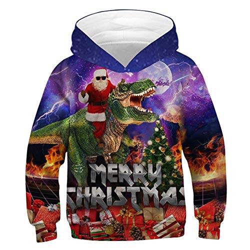 Mchochy Santa Claus Dinosaur Hoodies Kids Digital Graphic Print Ugly Xmas Pullover Sweatshirts for Boys Girls