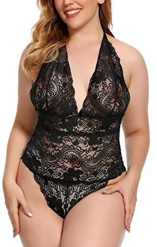 Lingerie for Women Plus Size  Halter Lace Bodysuit Sexy One Piece Plunging Teddy -Black  2XL-