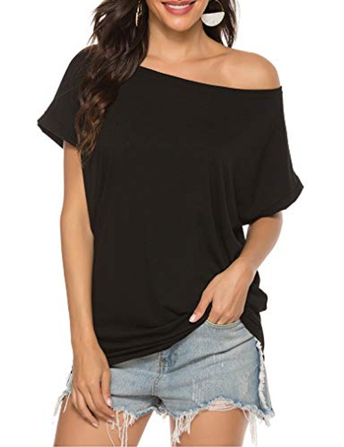 Poetsky Summer Tops for Women Black Off Shoulder Shirts Short Sleeve Blouse -S  A1 Black-