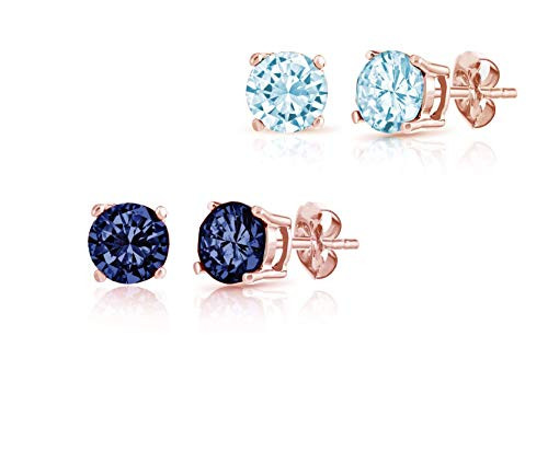 2 Pack - Rose Gold Plated Sterling Silver 6mm Round Basket Setting Stud Earrings -Created London Blue Topaz and Created Sapphire