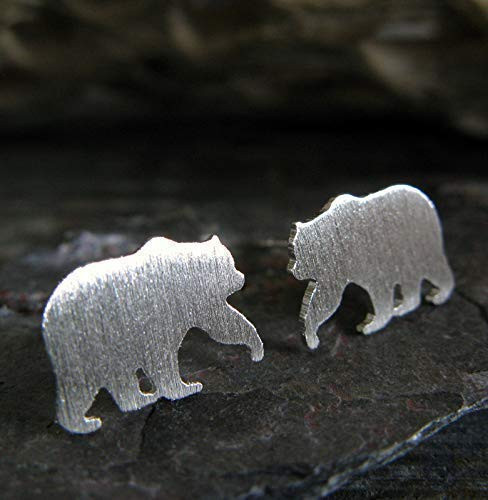 Bear stud earrings brushed sterling silver post jewelry- Handmade in the USA-