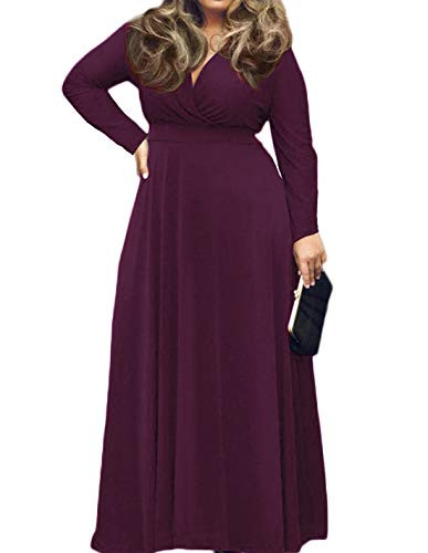 POSESHE Womens Solid V-Neck Long Sleeve Plus Size Evening Party Maxi Dress -3X-Large  Purple-