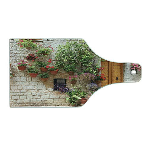 Lunarable Tuscan Cutting Board  Begonia Blossoms in Box Window Wooden Shutters Brick Wall Romagna Italy  Tempered Glass Serving Board  Wine Bottle Sha