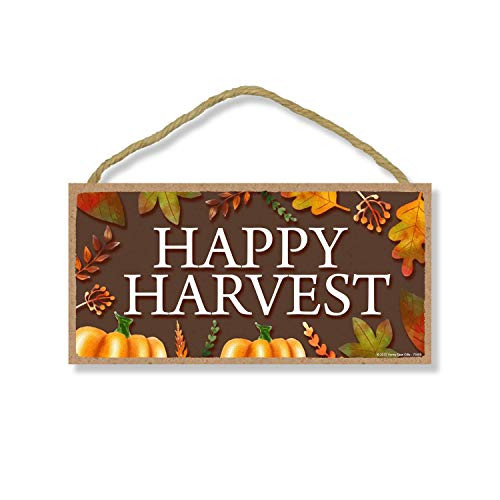 Honey Dew Gifts Happy Harvest 5 inch by 10 inch Hanging Signs  Wall Art  Decorative Wood Sign Fall-Autumn Decor