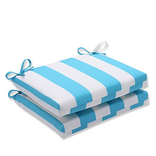 Pillow Perfect Outdoor Cabana Stripe Squared Corners Seat Cushion, Turquoise, Set of 2