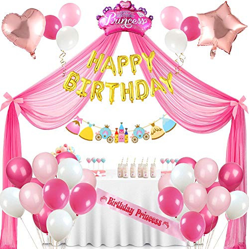 Golray Princess Party Supplies Birthday Decorations for Girls with 33 Balloons  Princess Tulle Backdrop with Bowknot  Gold Happy Birthday Foil Balloon Golray Princess Party Supplies Birthday Decorations for Girls with 33 Balloons  Princess Tulle Backdrop with Bowknot  Gold Happy Birthday Foil Balloon