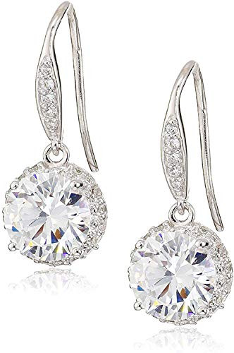 Rhodium-Plated Sterling Silver Cubic Zirconia Halo-Setting Dangle Drop Earrings