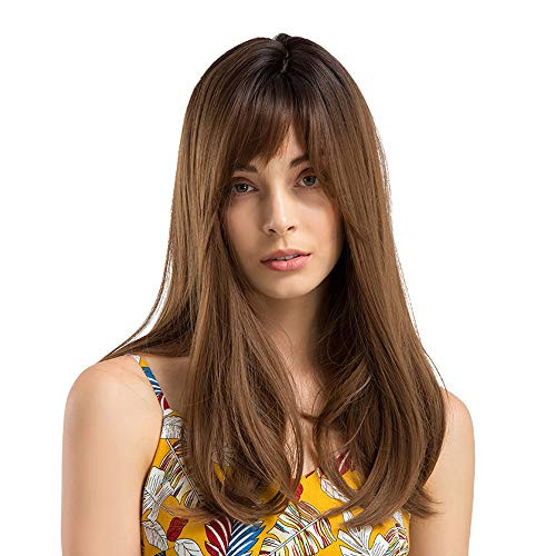 Long Straight Brown Wigs GLAMADOR Synthetic Womens Wig With Bangs  Heat Resistant Fiber Ombre Wig with Dark Roots  Synthetic Hair Replacement Wigs fo