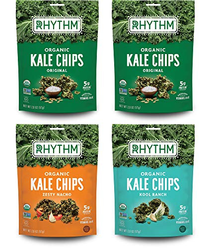 Rhythm Superfoods Kale Chips  Variety Pack  Original-Zesty Nacho-Kool Ranch  Organic and Non-GMO  2-0 Oz -Pack of 4-  Vegan-Gluten-Free Superfood Snac