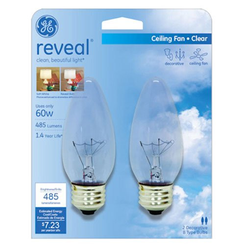 GE Lighting Reveal 48713 60-Watt Ceiling Fan Blunt Tip Light Bulb with Medium Base  2-Pack
