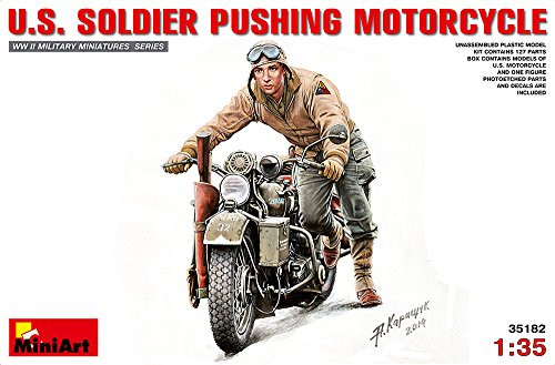 MiniArt 135 Scale U-S- Soldier Pushing Motorcycle Plastic Model Kit -Grey-