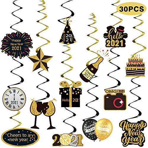 2021 Happy New Year Hanging Swirls-30 Pieces - Black Gold Foil Swirl - 2021 Happy New Year Party Decoration - 2021 New Year Eve Party Supplies -Alread