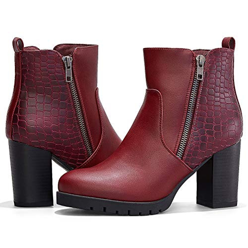 mysoft Womens Ankle Boots Chunky High Heel Zipper Boots Wine Red