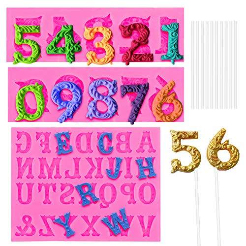 SelfTek Number 0-9 and Alphabet A-Z 3D Silicone Embossed Fondant Mold with 10Pcs Lollipop Sticks Candy Number Mold Letter Chocolate Mold Cake Decoration