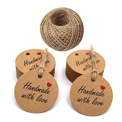 Handmade with Love Tags Mothers Day Tags 100 PCS Paper Tags with 100 Feet Jute Twine Round Kraft Gift Tags -5 cm Brown-