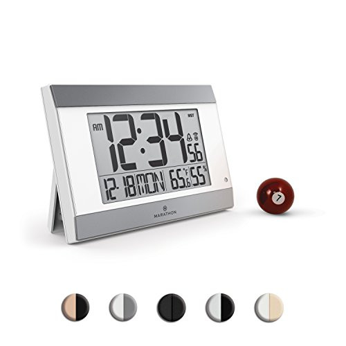 Marathon NEW LAUNCH CL030052WH-SV Atomic Digital Wall Clock With Auto-Night Light, Temperature & Humidity - Batteries Included (White Panel/Silver Trim)