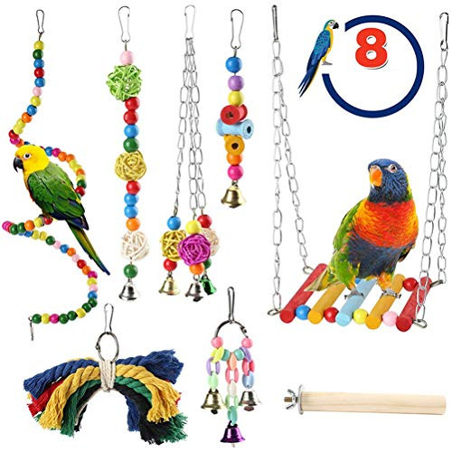 AAWWMI 8 Pcs Bird Toys Parrot Swing Toys Wooden Beads Hanging Perches with Bells Pet Bird Cage Hammock Swing Climbing Ladders Chew Toys for Parrots  C