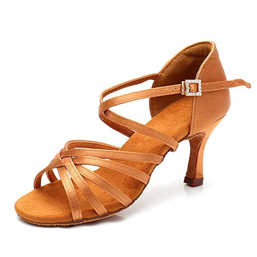 RoseMoli Womens Latin Dance Shoes Satin Professional Ballroom Salsa Practice Performance Dance ShoesTan-2-8inch 9
