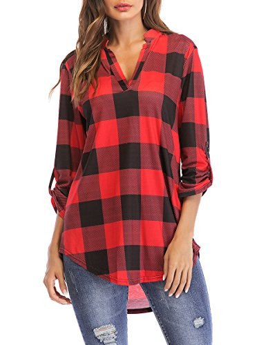 St- Jubileens Women 3-4 Sleeve Plaid Shirt Tunic V Neck Casual Pullover Blouses Tops Red XL