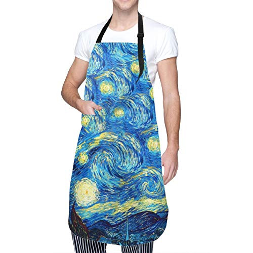FUNINDIY Funny Bib Apron with 2 Pockets and Extra Long Ties  Waterdrop Resistant Adjustable Kitchen Chef Apron for Men Women - The Starry Night Van Go