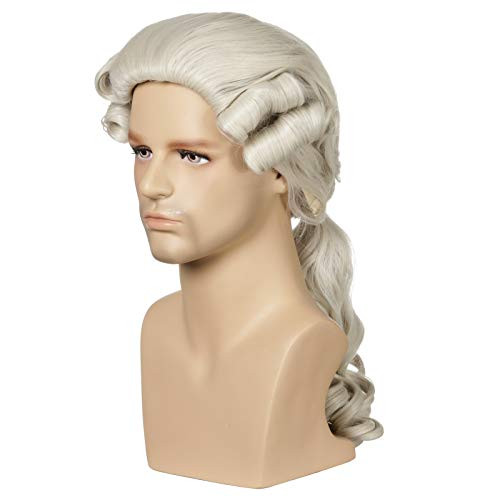 QACCF Judge Colonial Wig - Mens Long Curly George Washington Cosplay Lawyer Halloween Costume Wig -Beige-