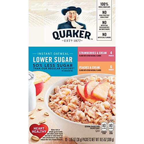 Quaker Instant Oatmeal Lower Sugar Strawberries and Cream - Peaches and Cream - 10 CT Quaker Instant Oatmeal Lower Sugar Strawberries and Cream - Peaches and Cream - 10 CT