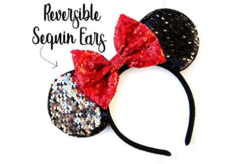 CLGIFT Reversible Mickey Ears  Red Mickey Ears  Sparkly Minnie Ears  Mouse Ears  Reversible Sequin  Red minnie ears