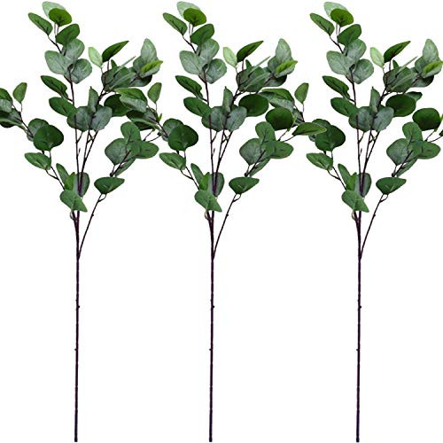 FagusHome 3 Pack 35 Tall Artificial Eucalyptus Leaves Greenery Stems Faux Silver Dollar Eucalyptus Plant Spray in Grey Green Floral Greenery Eucalypt