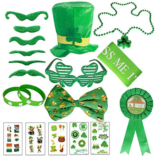 alesTOY St- Patricks Day Accessory Saint Patricks Party Favors with St- Patricks Shamrock Fedora Hat and Glasses  Beads Necklace Mustaches Sequin Bow