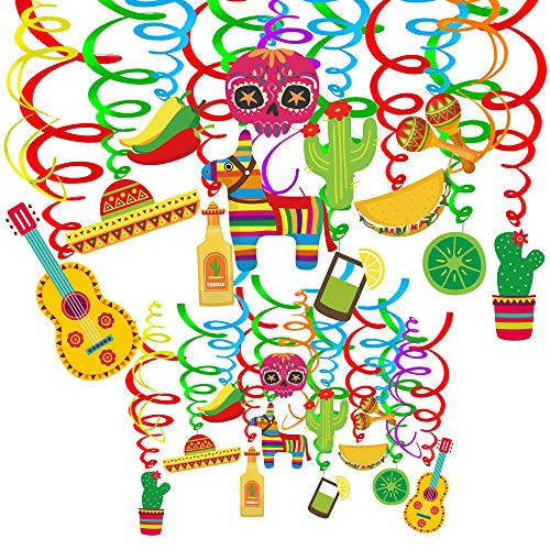Supla 30 pcs Fiesta Hanging Swirl Decorations Mexican Fiesta Cinco De Mayo Party Swirls Hanging Swirl Streamers Foil Hanging Ceiling Décor with Assort