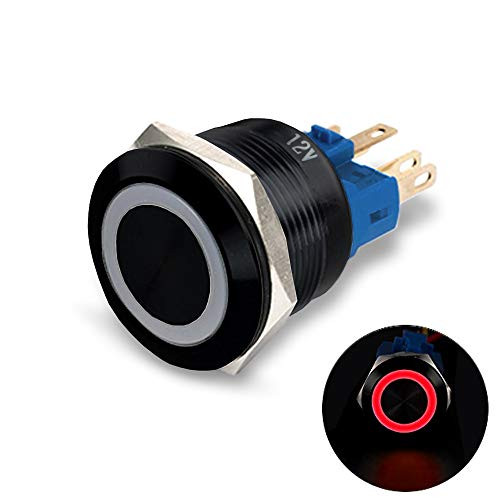 MGI SpeedWare Black Aluminum Push Button Switch 22mm with Socket  3A 12vDC Ring LED -Momentary  Red-