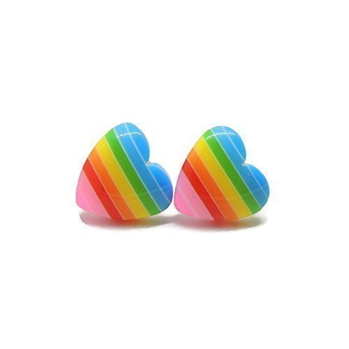 Rainbow Heart Stud Earrings on Plastic Posts  Metal Free
