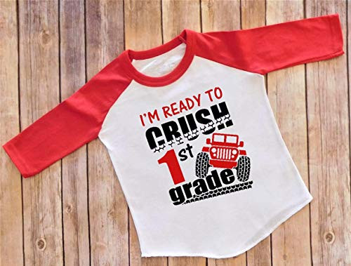 Youth Small 6-8  Back to School Shirt - Ready to Crush 1st Grade - Monster Truck Shirt - Red Raglan