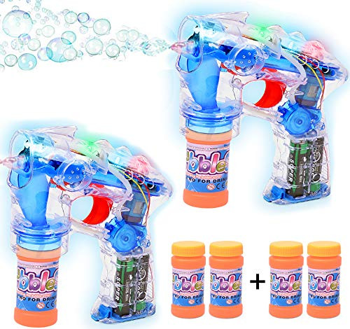 Haktoys 2-Pack Transparent Bubble Shooter Gun - Ready to Play Light Up Blower with LED Flashing Lights  Extra Bottle  Bubble Blaster Toy for Toddlers