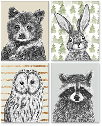Confetti Fox Woodland Animal Babies Nursery Wall Decor - 8x10 Unframed Set of 4 Art Prints - Baby Bear Bunny Owl Raccoon