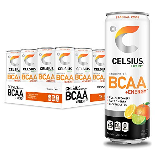 CELSIUS BCAA -Energy Sparkling Post-Workout Recovery and Hydration Drink  Tropical Twist  12oz- Slim Can -Pack of 12-