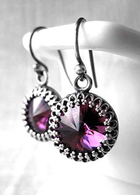 Purple Round Rivoli Crystal Earrings with Swarovski Crystal - Vintage Style Antiqued Silver Plated Jewerly Purple Round Rivoli Crystal Earrings with Swarovski Crystal - Vintage Style Antiqued Silver Plated Jewerly