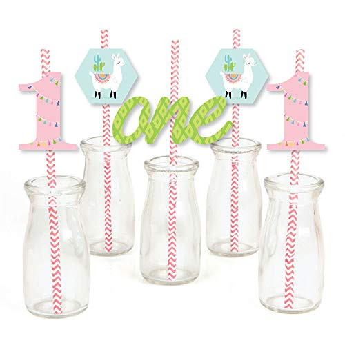 1st Birthday Whole Llama Fun - Paper Straw Decor - Llama Fiesta First Birthday Party Striped Decorative Straws - Set of 24