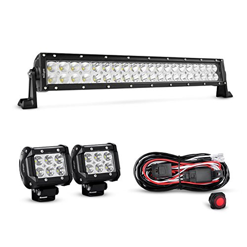 Nilight 22Inch 120W Spot Flood Combo Led Light Bar 2PCS 4Inch 18W Spot LED Pods Fog Lights with 16AWG Wiring Harness Kit-2 Leads,2 Years Warranty