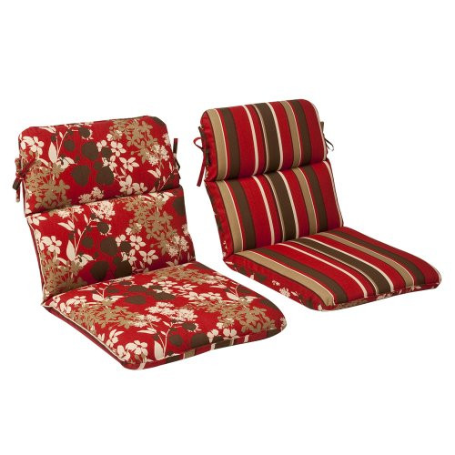 Pillow Perfect Indoor/Outdoor Red/Brown Floral/Striped Reversible Chair Cushion, Rounded